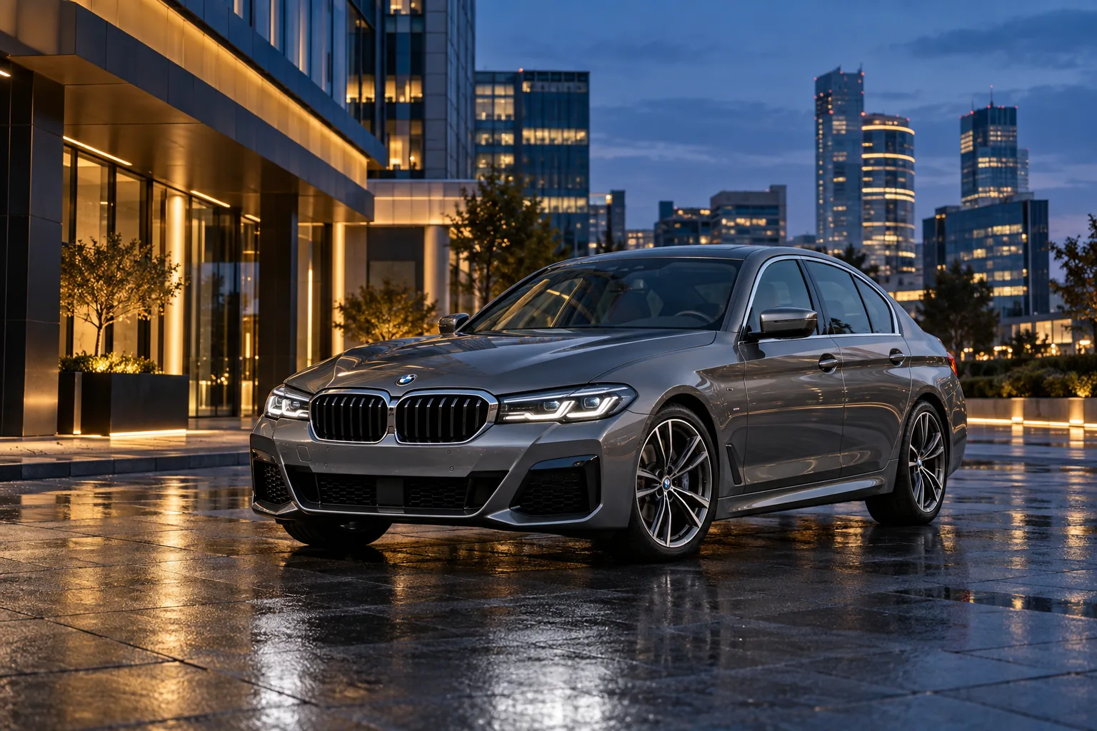BMW Seria 5 M Sport gri, model 2021, într-un decor urban la blue hour