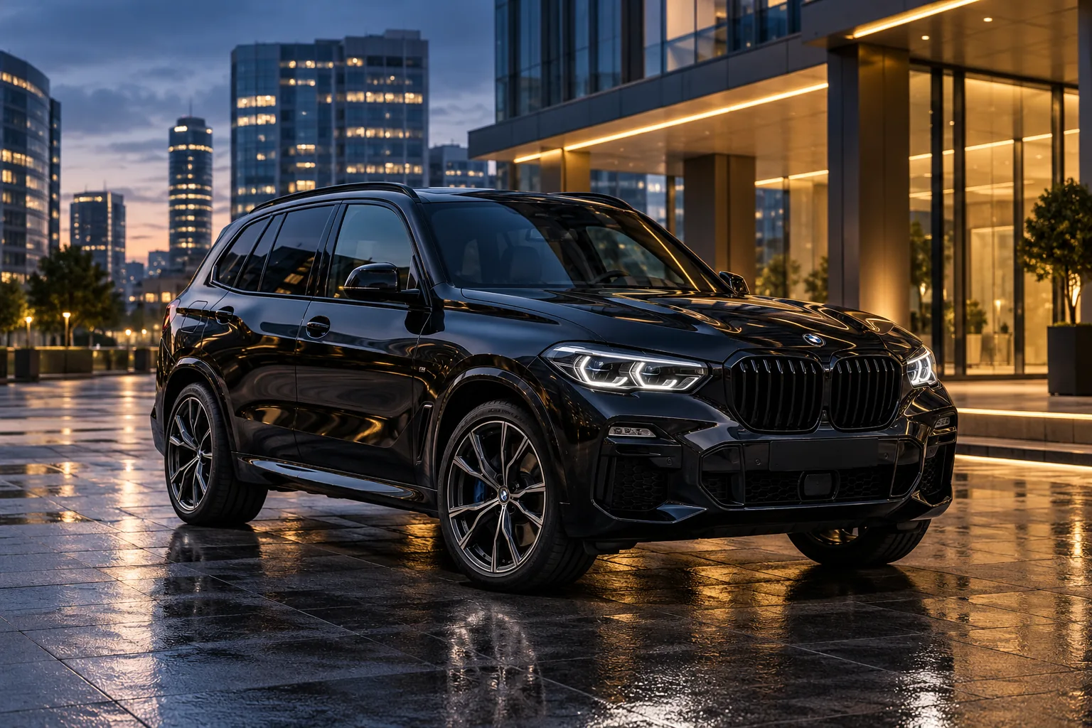 BMW X5 G05 negru, model 2022, într-un decor urban la blue hour